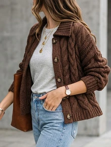 SHEIN كارديجان نسائي كاجوال بني قهوة محبوك بكابلات مع ياقة وفتحة صدر واحدة - قهوة بني - مشاهدة 3