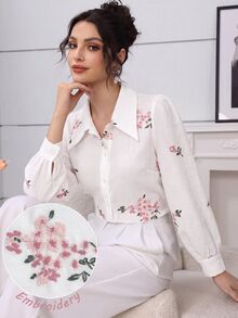 Modelyn Spring/Autumn Pink Embroidered Button-Front Shirt With Collar - Multicolor - View 3