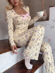 CottageSlumber 甜美蕾絲飾邊方領蝴蝶結碎花連身睡衣女款居家服 - 黃色 - 查看 7