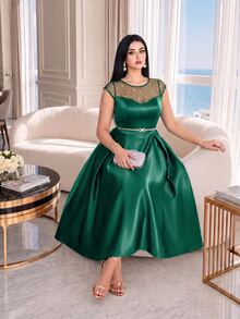 Auveirra Plus Size Women's Mesh Patchwork Casual Party Dress - Dark Green - View 1