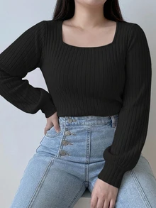 Dazy Plus Solid Color Square Neck Fitted Lantern Sleeve Long Sleeve T-Shirt Spring Summer Autumn - Black - View 5