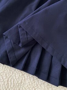Souflis 1件女嬰秋冬深藍色領口長袖百褶洋裝，復古學院風優雅2合1拼接設計，金色鈕扣裝飾，收腰短洋裝，棉混紡面料，適合春秋日常穿著、旅行、度假、派對及多種場合 - 彩色 - 查看 6