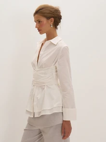 MUSEYN White Tie Waist Button Long Sleeve Fitted Shirt Versatile Lounge Everyday Date Night Chic New Season Fall - White - View 3