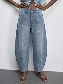 SHEIN MOD Celana Jeans Denim Kasual Longgar Wanita dengan Saku dan Hiasan Berlian Imitasi di Bagian Bawah yang Melengkung - Medium Wash - View 4