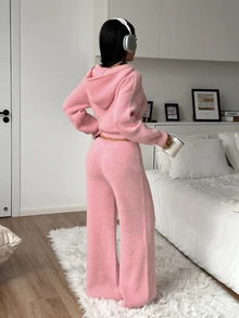 StreetHx Women's Sweet Zipper Hooded Sweater And Drawstring Waist Knit Pants Set - Pink - View 2