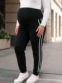 SHEIN Black Cuffed Knit Maternity Pants With White Striped Patchwork, Casual Daily Spring/Autumn Comfortable Plus Size Trousers - Black - View 7