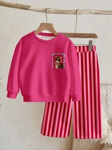 少女卡通圖案長袖運動衫與寬腿運動長褲套裝 - 彩色 - 查看 7