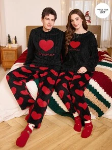 CoupledUp Women's Thick Plush Twisted Knit Heart & Letter Embroidered Long Sleeve Top And Heart Print Long Pants Pajama Set - Black - View 1