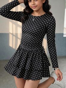 Tween Girl Black And White Polka Dot Long Sleeve Multi-Layer Ruffle Hem Dress, Slim Fit A-Line Silhouette, Vintage Sweet Cute Style For School, Fall - Black - View 5