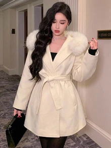DAZY 女款優雅大衣，附毛領與腰帶，秋冬款 - 米色 - 查看 4