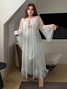 Dazy Plus Romantic Wedding Heart Jacquard Mesh Robe Set, Elegant Lace Patchwork Satin Long Waist-Cinching Nightgown - Mint Green - View 9