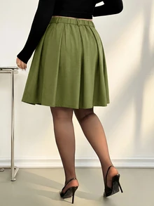 Auralis 春秋新款女款辦公正式百褶中長裙，巧克力棕格紋，優雅通勤風，大尺碼返校秋季款 - 綠色 - 查看 3
