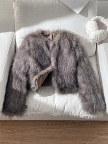 Jaket Bulu Leher Bulat Kasual untuk Sehari-hari, Cocok untuk Remaja Perempuan, Musim Gugur/Dingin - Coklat - View 1