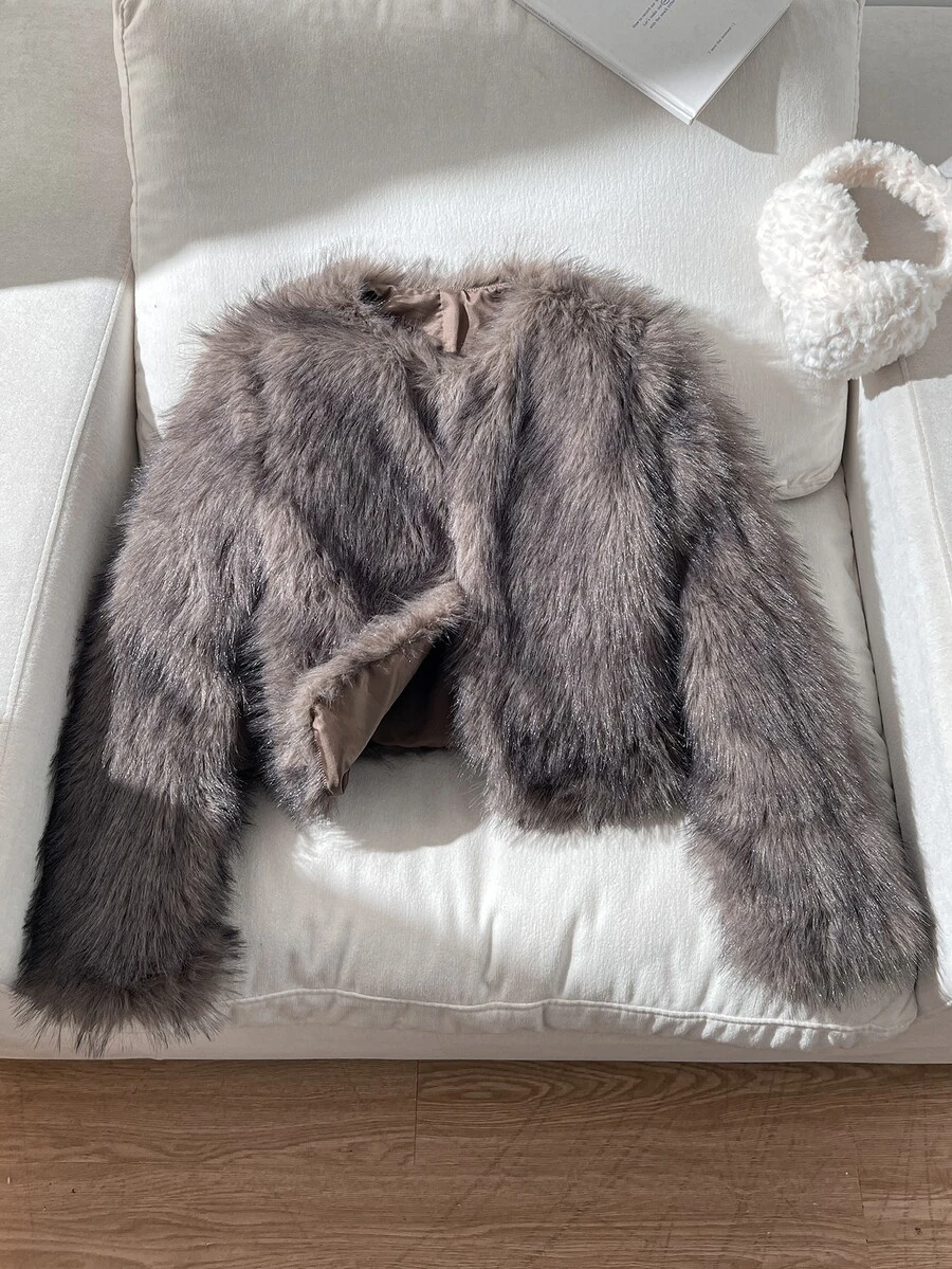 Jaket Bulu Leher Bulat Kasual untuk Sehari-hari, Cocok untuk Remaja Perempuan, Musim Gugur/Dingin - Coklat - View 1