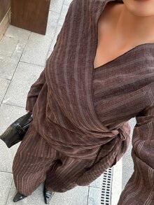 Dazy Plus Fashion Striped Asymmetric Button-Up Shirt And Pants 2 Pieces Set, Playful Commuter Casual Outfit - Rust Brown - View 4
