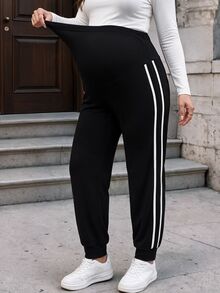 SHEIN Black Cuffed Knit Maternity Pants With White Striped Patchwork, Casual Daily Spring/Autumn Comfortable Plus Size Trousers - Black - View 4