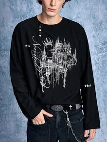 ROMWE MEN Street Life 男士亨利領長袖哥德風圖案T恤 - 黑色 - 查看 1