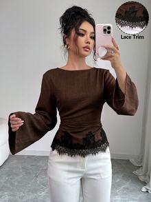 Siren Gaze 女款蕾絲拼接百褶休閒法式優雅百搭日常穿著上衣 早午餐 米色 秋季 - 棕色 - 查看 5