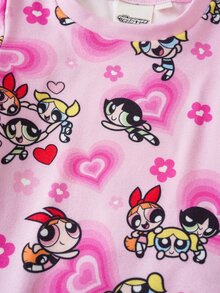 THE POWERPUFF GIRLS X SHEIN 女嬰卡通圖案短袖上衣與長褲休閒日常居家睡衣套裝 - 粉色 - 查看 4