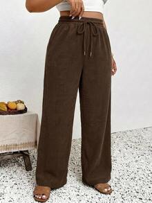 SHEIN Frenchy Plus Size Women's Drawstring Waist Casual Everyday Long Pants - Brown - View 5