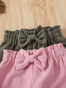 SHEIN Vintaside Kids 2件組幼兒女嬰燈芯絨長褲，可愛甜美粉色與橄欖綠，蝴蝶結羅紋紙袋腰鬆緊褲，正裝款，生日派對秋季保暖公主風假期純色 - 彩色 - 查看 6