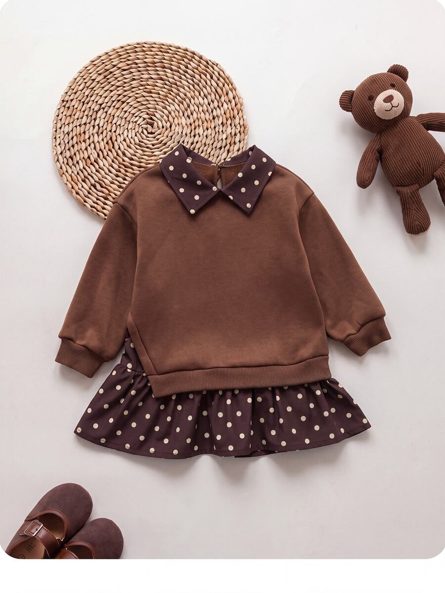 Baby Girl Infant Girl Plaid Colorblock Collared Autumn Dress - Brown - View 1