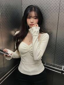 DAZY Contrast Lace Fitted Long Sleeve Square Neck Elegant Casual Vacation Korean Style Spring Autumn Women's T-Shirt - White - View 3