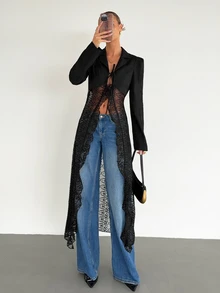 Siren Gaze Women's Solid Color Lapel Neck Long Sleeve Contrast Lace Front Tie Elegant Blazer,Fall/Winter Elegant Formal Luxury Business Chic Basic - Black - View 5