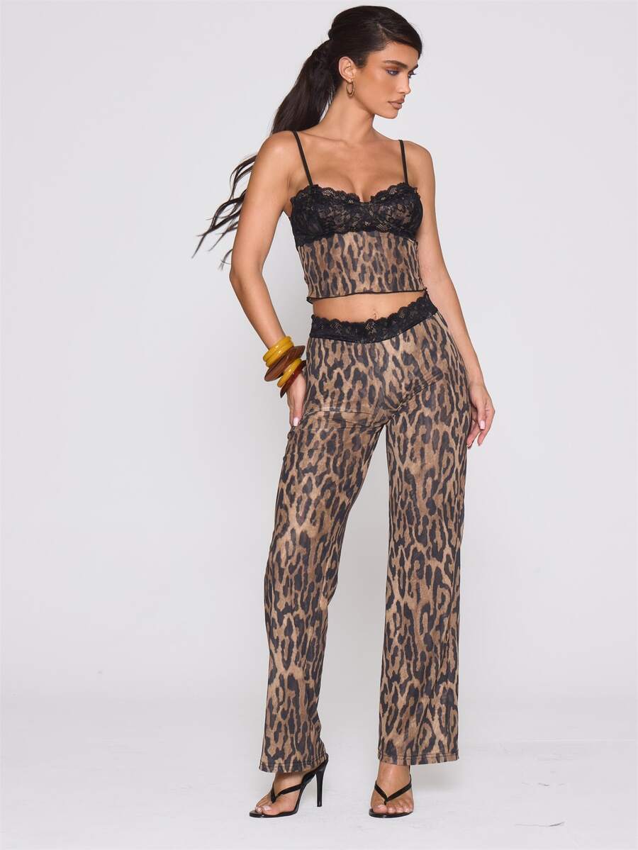 MUSERA Lace Trimmed Waist Leopard Print Mesh Trouser Autumn Winter Fall Coolgirl Holiday Everyday Roadside Renegade - Multicolor - View 1