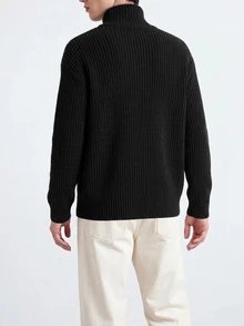 Manfinity Homme Men's Fall Embroidered Minimalist All-Match Casual Daily Wear Design Dropped Shoulder Fitted Long Sleeve Versatile Sweater Pullover Vacation Airport Black - Black - View 2
