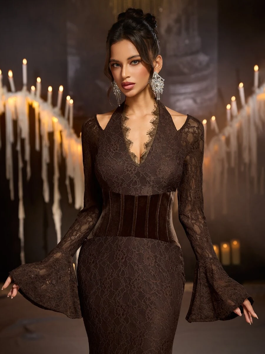 Glamrae Elegant Coffee-Colored Lace & Velvet Patchwork Halter Neck Cold ...