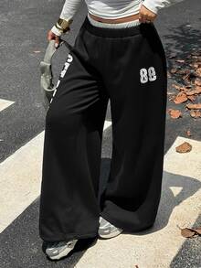 Dazy Plus Blogger Casual Street Style Letter Print Loose Long Sweatpants - Black - View 6