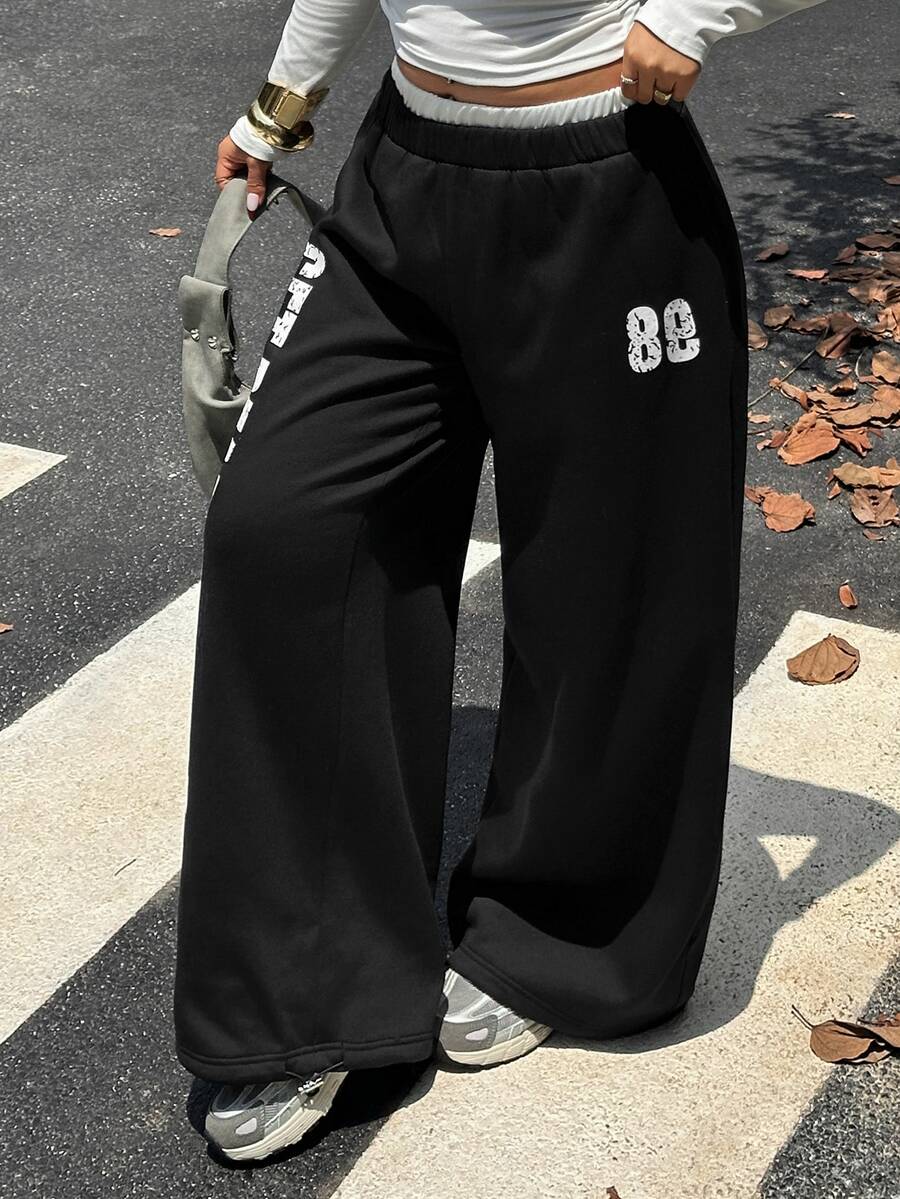 Dazy Plus Blogger Casual Street Style Letter Print Loose Long Sweatpants - Black - View 1