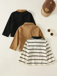 SHEIN 男嬰秋冬棕色與黑色條紋柔軟圓領長袖套頭上衣 3件套，百搭舒適，適合假期聖誕節 - 彩色 - 查看 2