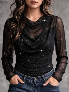 Velvienne Plus Size Women's Autumn Minimalist Solid Color Semi-Sheer Fitted Cowl Neck Sparkling T-Shirt, Suitable For Daily Wear Fall - Black - View 1