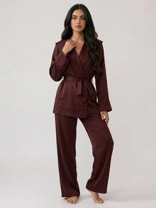DAZY Women's Solid Color Long Sleeve Waist Knot Top And Long Pants Pajama Set - Brown - View 3