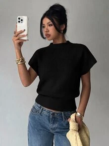 Aloruh 女款休閒通勤簡約純色漏斗領蝙蝠袖寬下擺針織上衣 - 黑色 - 查看 3
