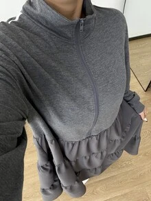 POPSWAY Plus Size Casual Zipper Half-Placket Striped Sweatshirt Dress - Dark Grey - View 5