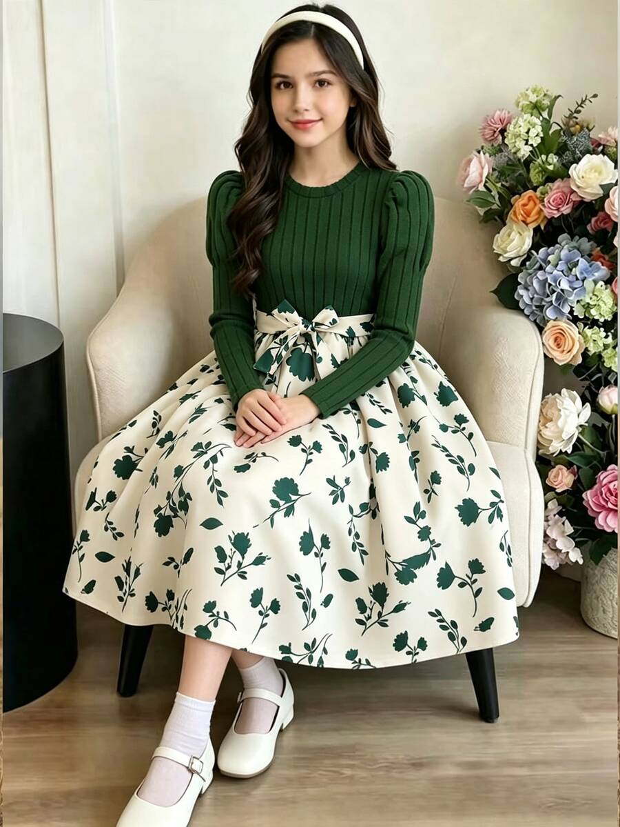 SHEIN Sparklyn 女童長袖拼接花卉洋裝,腰部附蝴蝶結,整體風格結合針織衫的柔軟感與甜美少女風 - 綠色 - 查看 1