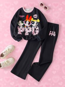 THE POWERPUFF GIRLS X SHEIN Bộ áo nỉ tay dài và quần dài in họa tiết hoạt hình cho bé gái tuổi teen - màu đen - Xem 1