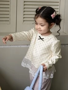 DAZY Infant/Toddler (Girl) Round Neck Polka Dot Korean Style Long Sleeve Top - Apricot - View 1