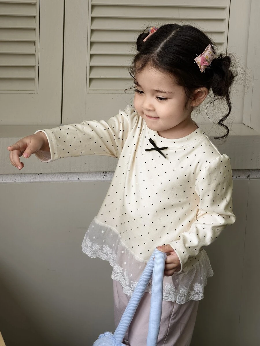 DAZY Infant/Toddler (Girl) Round Neck Polka Dot Korean Style Long Sleeve Top - Apricot - View 1