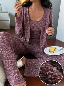 DAZY Women's Tie-Dye Long Sleeve Robe, Round Neck Tank Top And Pants Casual Pajama Set - Burgundy - View 5
