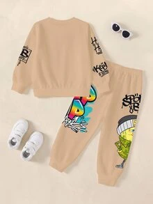 SpongeBob SquarePants | SHEIN طقم كاجوال للأولاد الصغار مكون من سويت شيرت بأكمام طويلة مطبوع عليه حروف وبنطال رياضي - أبيض - مشاهدة 2