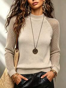 SHEIN Women Crew Neck Raglan Sleeve Knit Pullover, Hollow Out Mesh Knit Sleeve Solid Long Sleeve Slim‑Fit - Camel - View 5