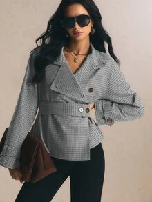 Poéselle 女款格紋立領單排扣長袖休閒風衣外套 - 黑與白 - 查看 5