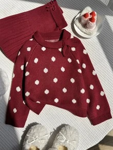 Young Girl Fashion Jacquard Long Sleeve Sweater And Pleated Mini Skirt Set For Outing - Red - View 4