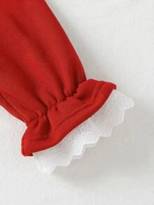 SHEIN Tween Girls Fall Holiday Red And White Sweatshirt, Lace Ruffle Collar Cuff, Cute Long Sleeve Pullover For Christmas Valentine Daily Wear School - Red - View 4