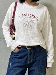 Dazy Plus Contrast Lace Design 2 In 1 Letter Print Loose Fit Korean Style White T-Shirt - White - View 1