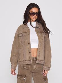 MUSERA Washed Oversized Button Through Denim Jacket Autumn Winter Fall Coolgirl Holiday Everyday Roadside Renegade - Brown - View 1